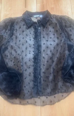 Kaktus Black Sheer Polka Dot Organza‎ Blouse Velvet Trim Puff Sleeve Large thumbnail 1