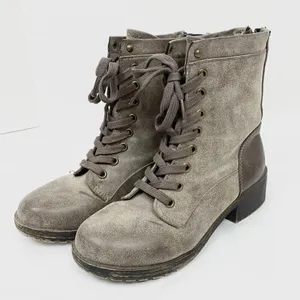 Madden Girl Mistley Grey Distressed Faux Leather Combat Ankle Boots thumbnail 1
