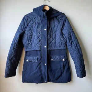 Sam Edelman Quilted Hooded Puffer Jacket Coat Navy Blue‎ Womens Size L thumbnail 1