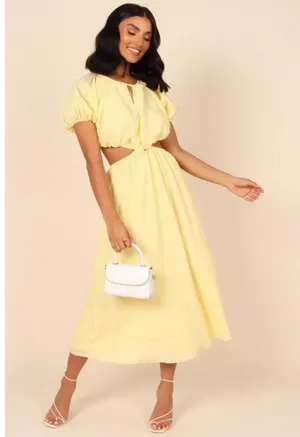 Petal + Pup Butter Yellow Puff Sleeve Midi Length Milk Maid Cut Out Back Dress thumbnail 1