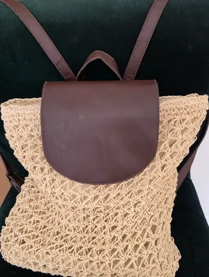 Woven Straw Backpack with Brown Leather Flap Tan thumbnail 1