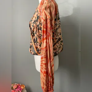 Free People FP One Sunrise Coral Boho Floral Wrap Top thumbnail 3