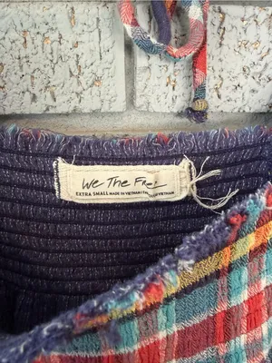 Free People Siena Plaid Pullover Shirt Ruffle Navy Blue Red Size XS Peasant thumbnail 5