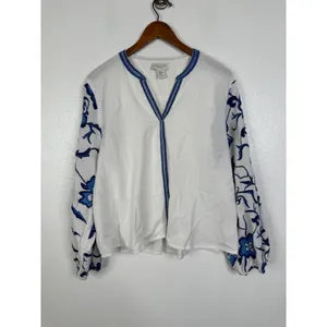 Calypso St Barth Blue Floral Embroidered Linen Blend V-Neck Blouse XL White thumbnail 2