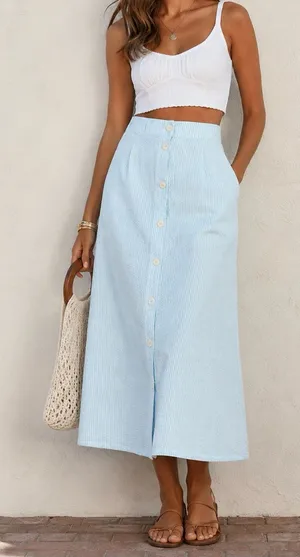 Light Blue and White stripes Maxi Button-Front Skirt - Women thumbnail 1
