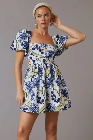 Anthropologie Puff-Sleeve Babydoll Mini Dress Embroidered Floral Medium thumbnail 1
