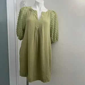 NEW Umgee Olive Green Swiss Dot Mini Dress Puff Sleeve MEDIUM Boho thumbnail 11