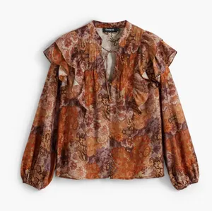 Desigual Womens-XL Paisley Ruffle Tie Neck Long Sleeve Blouse Orange Brown Boho thumbnail 1