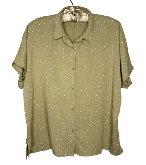 UNIQLO M Olive Green Polka Dot Rayon Boxy Button Down Boyfriend Top Blouse Y2K thumbnail 1