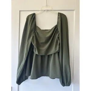 SHEIN olive green blouse draped square neckline bishop sleeves Peasant Top XL/12 thumbnail 3