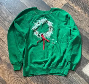Vintage Green Puffy Paint Christmas Wreath Lee Sweater Women’s Size Large thumbnail 1