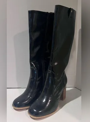 Leila Stone Vegan Black Patent Leather Cynira Knee-High Boots Block Heel Size 10 thumbnail 6