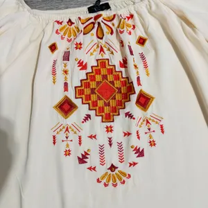 Lucky‎ & Blessed Cream Embroidered Off Shoulder Boho Western Dress Medium DR007 thumbnail 8