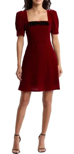 Wayf XS Velvet Puff Sleeve Mini Dress Red Bow Holiday‎ Party Romantic Valentines thumbnail 1
