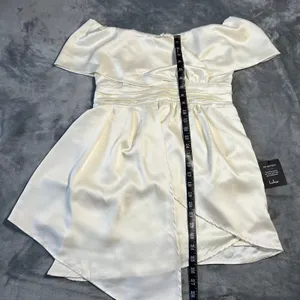 NEW Lulus Always Celebrating Ivory Satin Off-the-Shoulder Mini Dress Size L thumbnail 13