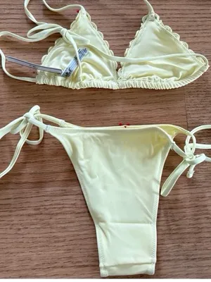 Frankie's Bikinis Yellow Tie-Side Bikini Set with Embroidered Trim thumbnail 2