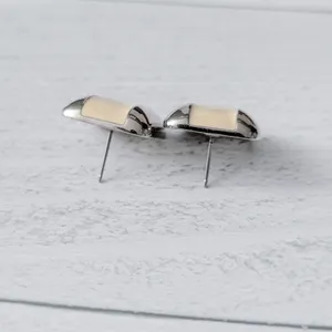 Vintage Stud Earrings Silver Tone & Cream Enamel Square thumbnail 7
