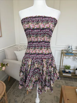 Boho Cottagecore Smocked Cotton Floral Y2K Handkerchief Hem Strapless Dress S thumbnail 2