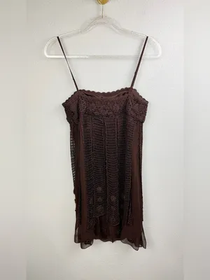Sue Wong Y2K Chocolate Silk Crochet Panel’s Floral Appliqué Mini Dress Size 6P thumbnail 3