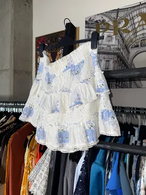 LoveShackFancy Bliss Morning Mist Floral Eyelet Ruffle Tiered Mini Skirt Large thumbnail 6