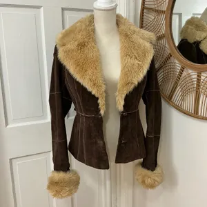 Y2K Wilsons Penny Lane Suede Leather Jacket M Chocolate Brown Afghan Western VTG thumbnail 2