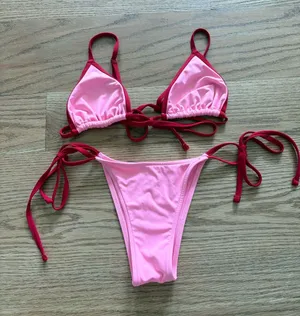 Frankie’s Bikinis Pink Triangle Bikini Set with Red Trim thumbnail 1