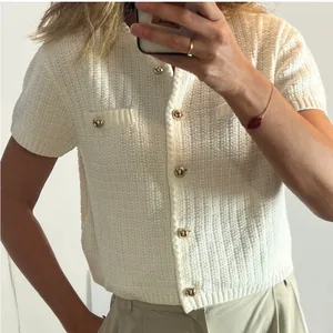 H&M Cream Textured Short-Sleeve Knit Cardigan with Gold Buttons – Size M 🤍 thumbnail 3