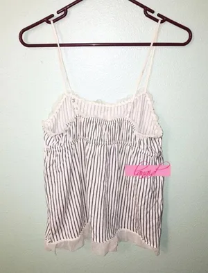 Macy's Vertical Striped Navy Lace Mesh Empire Waist Babydoll Flowy Sleeveless Tank Top thumbnail 2