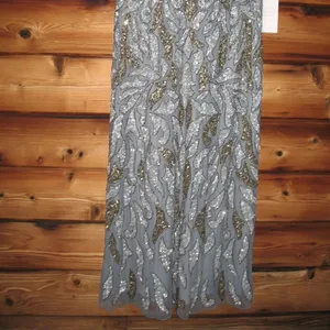 Mac Duggal 6 Silver Gray Gold Beaded Illusion Cap Sleeve Column Gown Maxi Dress thumbnail 12