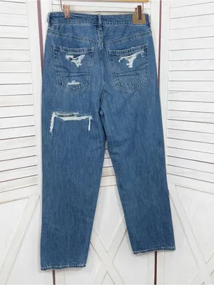 American Eagle Distressed Patched Mom Straight Jeans‎ Blue 10 High Waist thumbnail 3