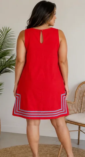 Fashion~ Sleeveless Red A-Line Dress with Pocket and Geometric Hem XL thumbnail 4