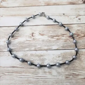 Vintage Necklace - Silvery Blue Faux Pearl & Beaded Necklace thumbnail 2