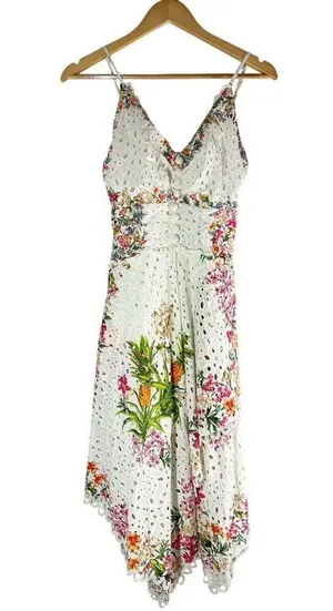 FARM RIO Delicate Forest Scarves Midi Dress Eyelet Lace Asymmetric Size XS thumbnail 1