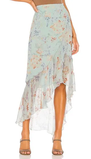 Alice + Olivia Pastel Sage Floral High-Low Ruffle Skirt thumbnail 1