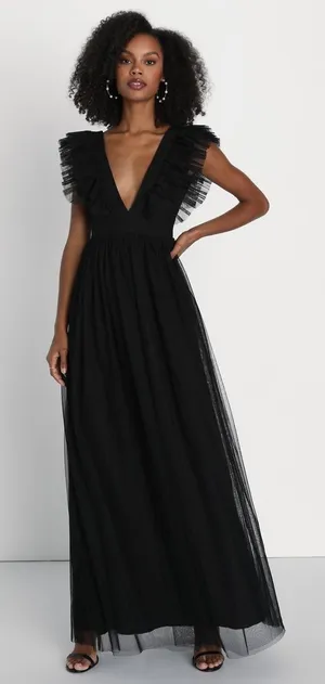 NWT Lulus Simply Delighted Black Mesh Ruffle Backless Maxi Dress Whimsigoth Sz L thumbnail 1