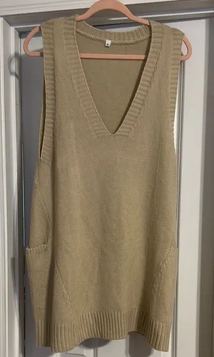 Sleeveless V-Neck Beige Sweater Vest Dress thumbnail 1