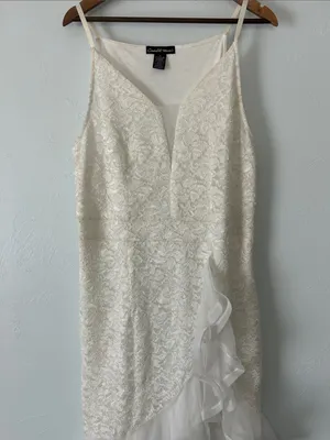 Sequin Cream Lace Slip Maxi Dress with teired Ruffle Tulle Hem thumbnail 3