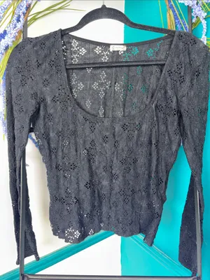 Free People Black Crochet Long Sleeve Top thumbnail 1
