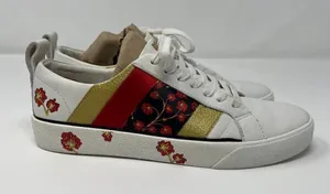 Diane Von Furstenberg Tess 9 Lace Up‎ Sneakers Gold & Red Stripe & Floral Design thumbnail 1