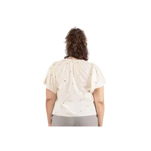 NWT Black Tape Size Printed Cotton Flutter-Sleeve Top Garden Way Off white 2X thumbnail 2