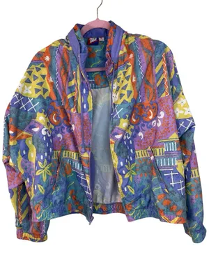 Vintage Blue Pink Pastel 90s Printed Windbreaker Jacket Womens M Casual Colorful thumbnail 1