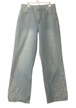 Forever 21 Light Blue Flare Jeans with White Embroidery thumbnail 1