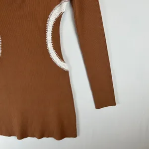 Mon Renn Brown Ribbed‎ Knit Mini Dress Long Sleeve Crochet Trim Detail Small thumbnail 6