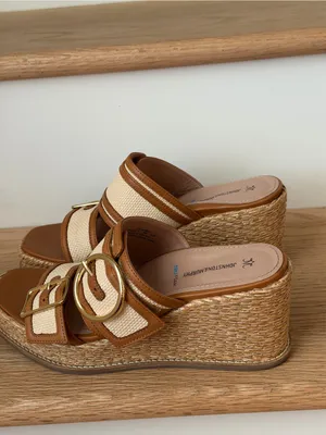 Wedge Slide Sandal in Tan and Cream with Buckle thumbnail 5