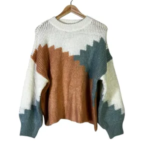 Northy End Geometric Colorblock Ribbed Knit Crewneck Sweater Multi Color Size L thumbnail 3