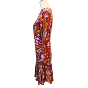 London Times Size 6 Rust Floral Velvet Asymmetric Neck Long Sleeve Flounce Dress thumbnail 5