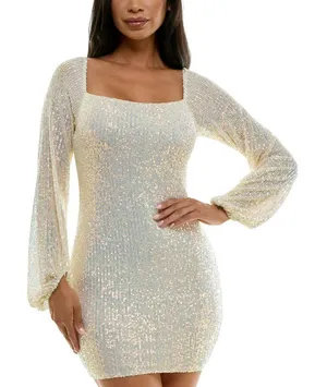NWT Emerald Sundae Sequin Blouson-Sleeve Bodycon Mini Dress Cream Off White M thumbnail 1