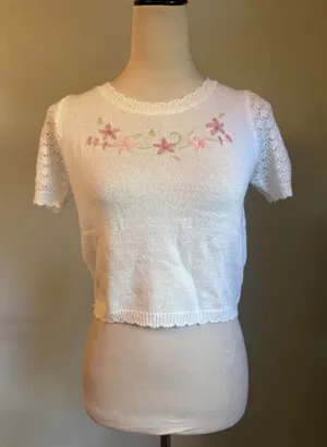 Knit Mix White Floral Embroidered Shimmer Crop Sweater Top Pointelle Puff y2k S thumbnail 1