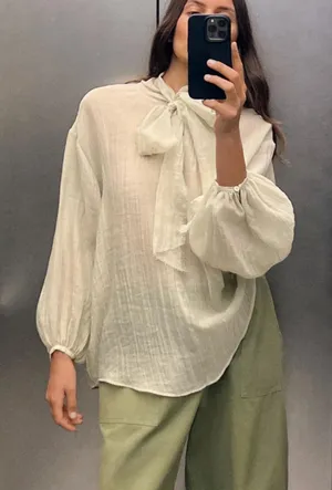 ZARA Tie Neckline Semi‎ Sheer Blouse Cream Small thumbnail 1
