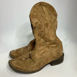 Roper‎ faith rhinestone mid calf boots tan cross bling women's size 6.5 western thumbnail 5